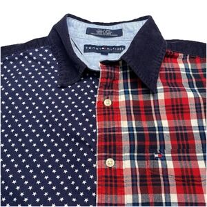 Y2K Tommy Hilfiger Shirt S Mens American Flag AOP Navy Corduroy